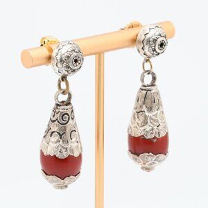 Vintage Sterling Silver Red Coral Teardrop Dangle Earrings